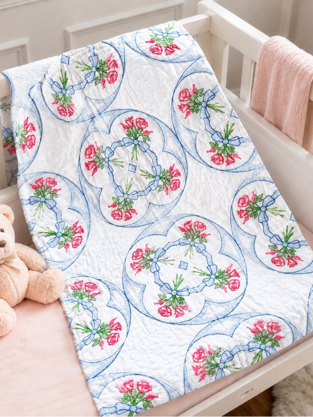 Crib Quilt 44”x29” Floral Embroidered